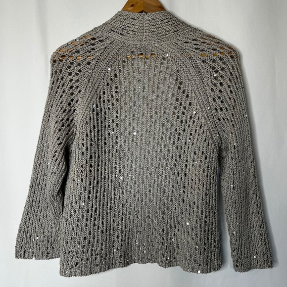 Eileen Fisher Cardigan‎ Womens S Open Knit Sequin Embellished Taupe Sweater - Picture 6 of 7